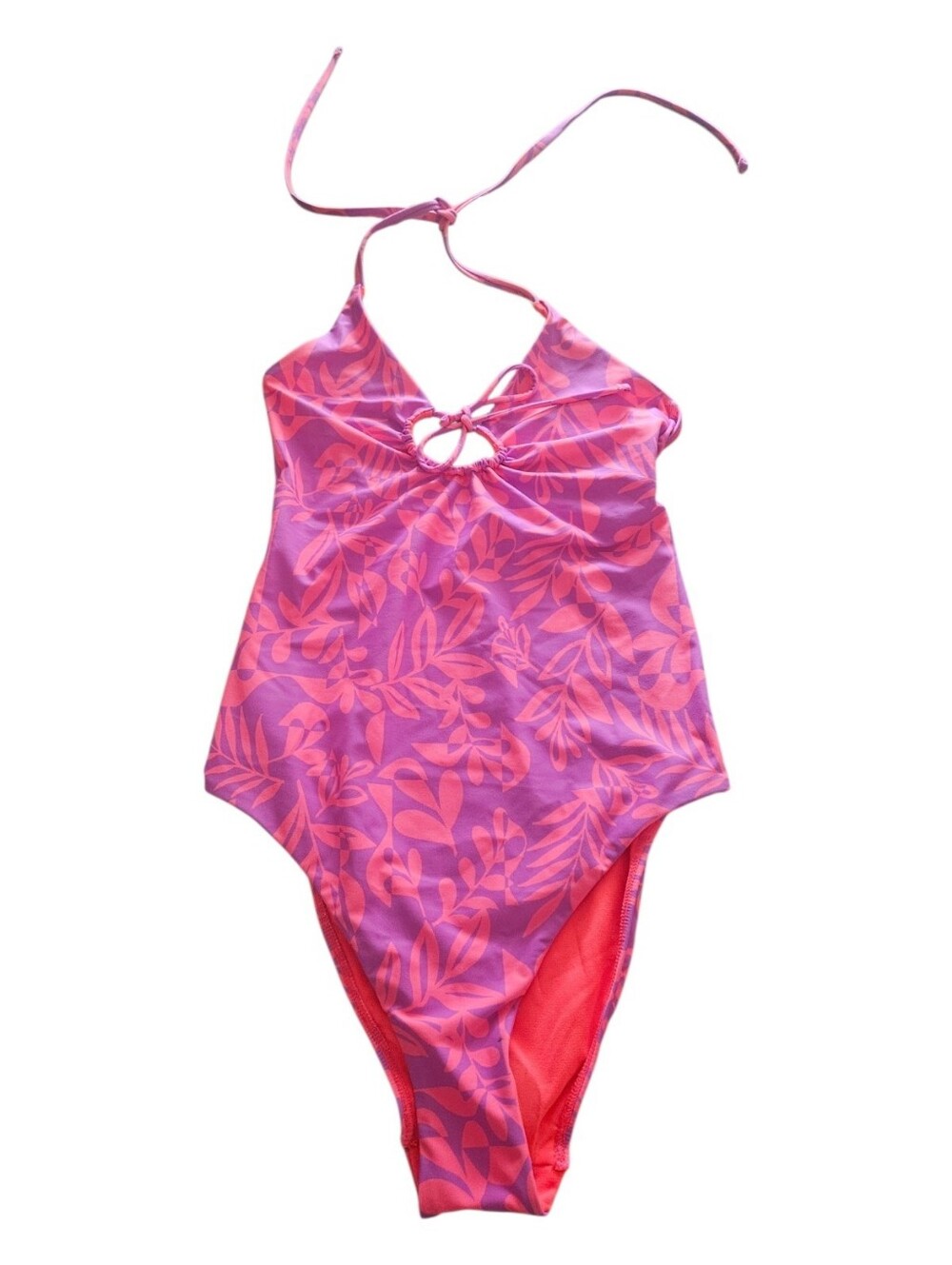 Hurley Oceanside Juniors Pink Purple Front Tie Halter One Piece Swimsuit Size S